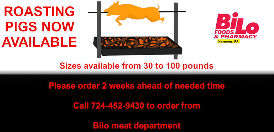 Sizes available from 30 to 100 pounds Please order 2 weeks ahead of needed time Call 724-452-9430 to order from Bilo meat department